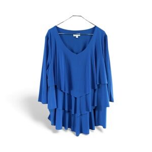 Susan Graver 2X Bold Blue Ruffle Tiered Liquid Knit Shirt Office Elegant